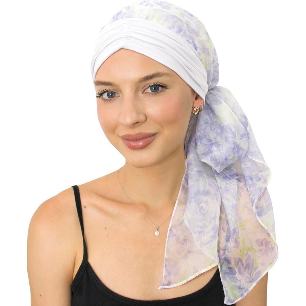 Women’s White Wisteria Scarf Skull Cap Chemo Headwear Hair Loss Turban